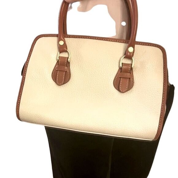 VTG 90s Liz Claiborne Leather Rolled Dual Handle Cream Pebbled Leather brown Bag - Picture 3 of 15